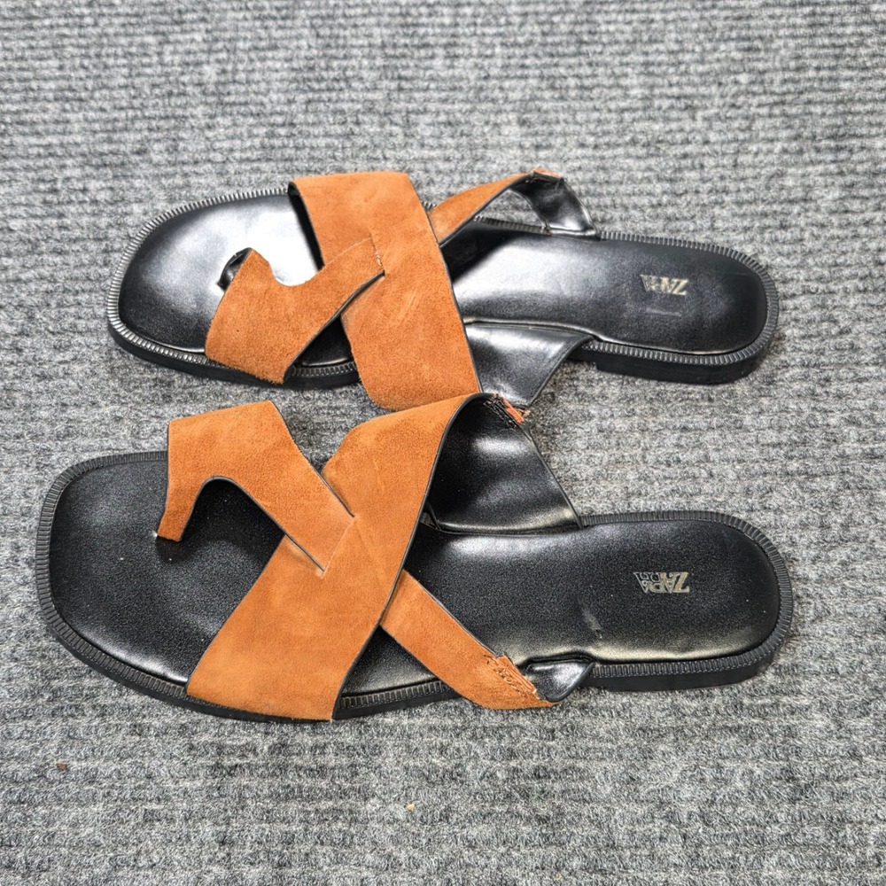 Zara Suede Crossover Toe Loop Flat Sandals Women's Size 37 US 6.5 Brown Slip On - Picture 7 of 8